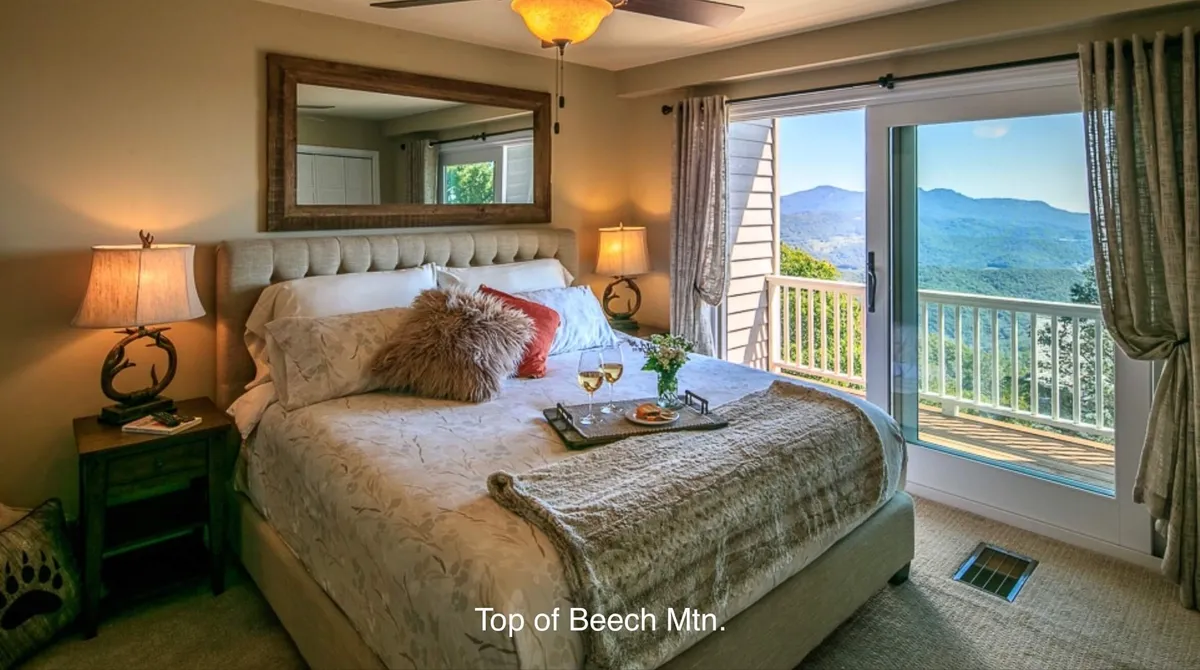 The image showcases a tranquil bedroom with a plush, well-made bed adorned with decorative pillows. Sunlight floods the room through an open door, offering a breathtaking view of rolling mountains beyond. A cozy nightstand with a lamp and an elegant tray suggests a relaxing morning coffee or quiet evening in. The setting exudes serenity and luxury, inviting guests to unwind and soak in the stunning natural vistas from the comfort of their bed.